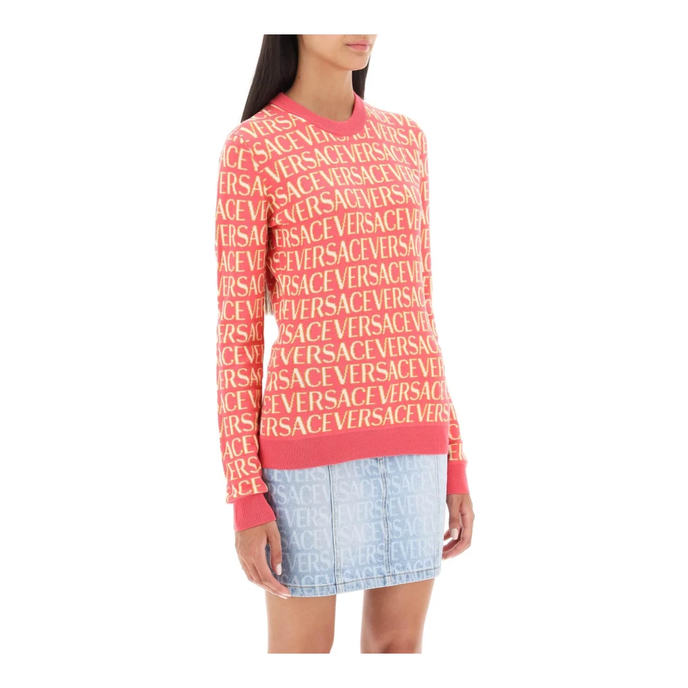 Versace Allover Jacquard Crew Neck Sweater Pink Dames
