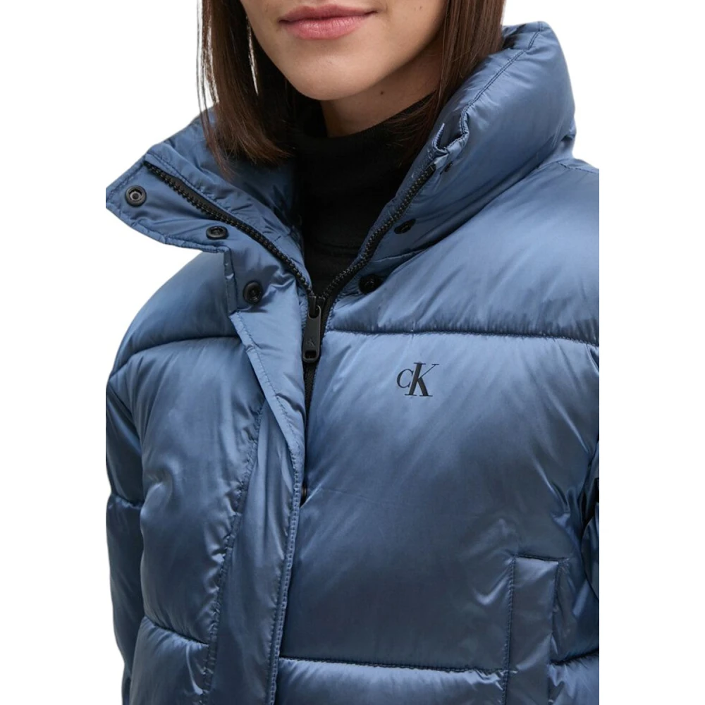 Calvin Klein Glanzende Cropped Puffer Jas Blauw Blue Dames