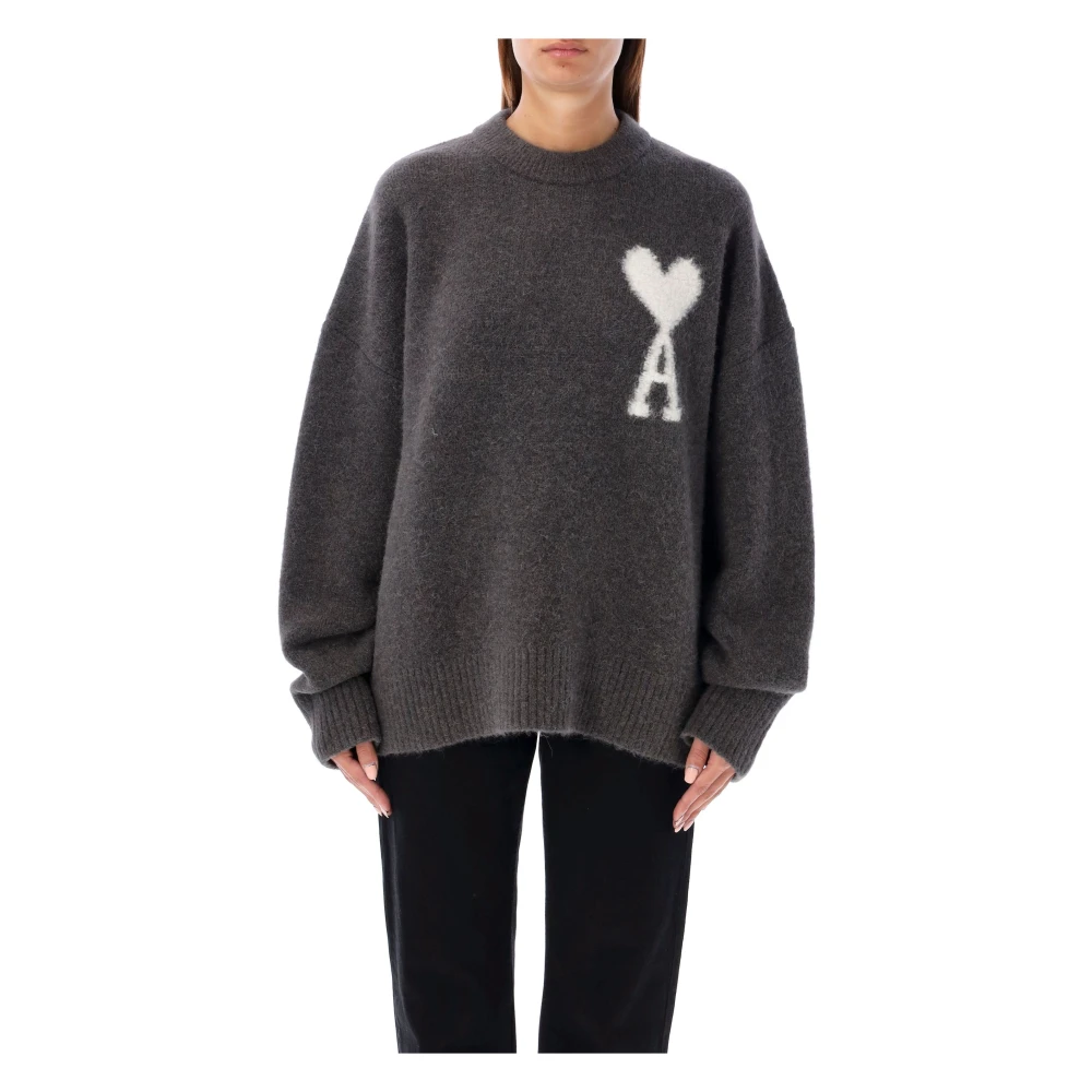 Ami Paris Alpaca Gebreide Crewneck Trui Grijs Gray Dames