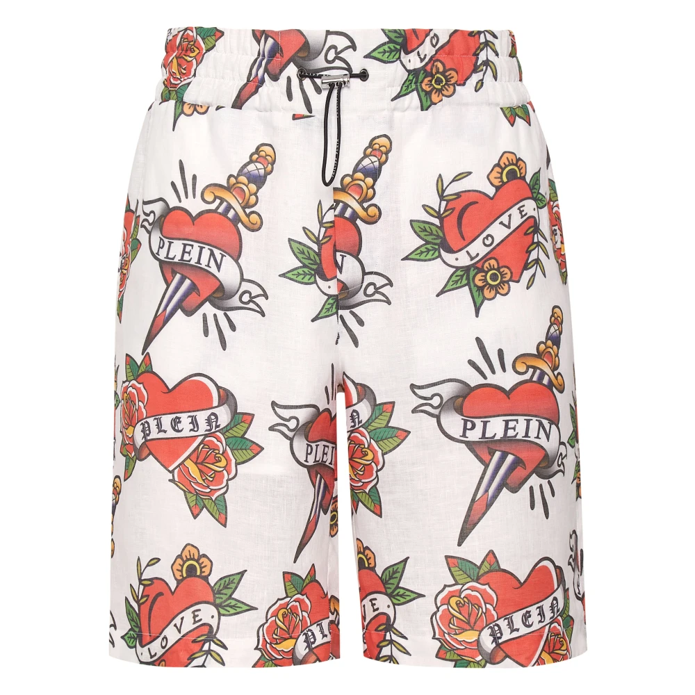 Philipp Plein Multicolor Love Tattoo-Print Linen Bermuda Shorts