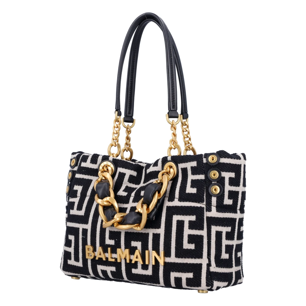 Balmain Elegant Monogrammed Jacquard Tote Bag Black Dames