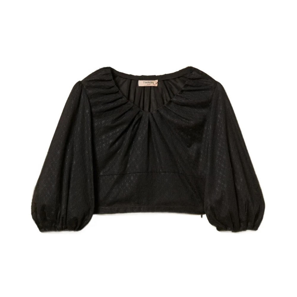 Twinset Women's Black Blouses, L, Wide-Neck Tulle And Mussola Blouse