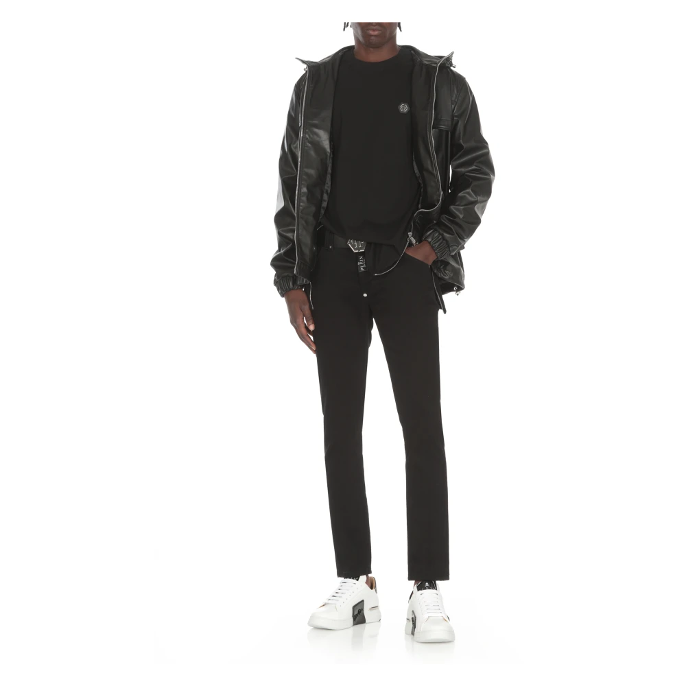 Philipp Plein Zwarte Synthetisch Leren Hoodie Jas Black Heren