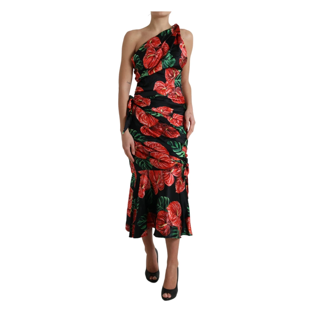 Dolce & Gabbana Zwarte Bloemenprint Gedrapeerde Zijden Jurk Multicolor Dames