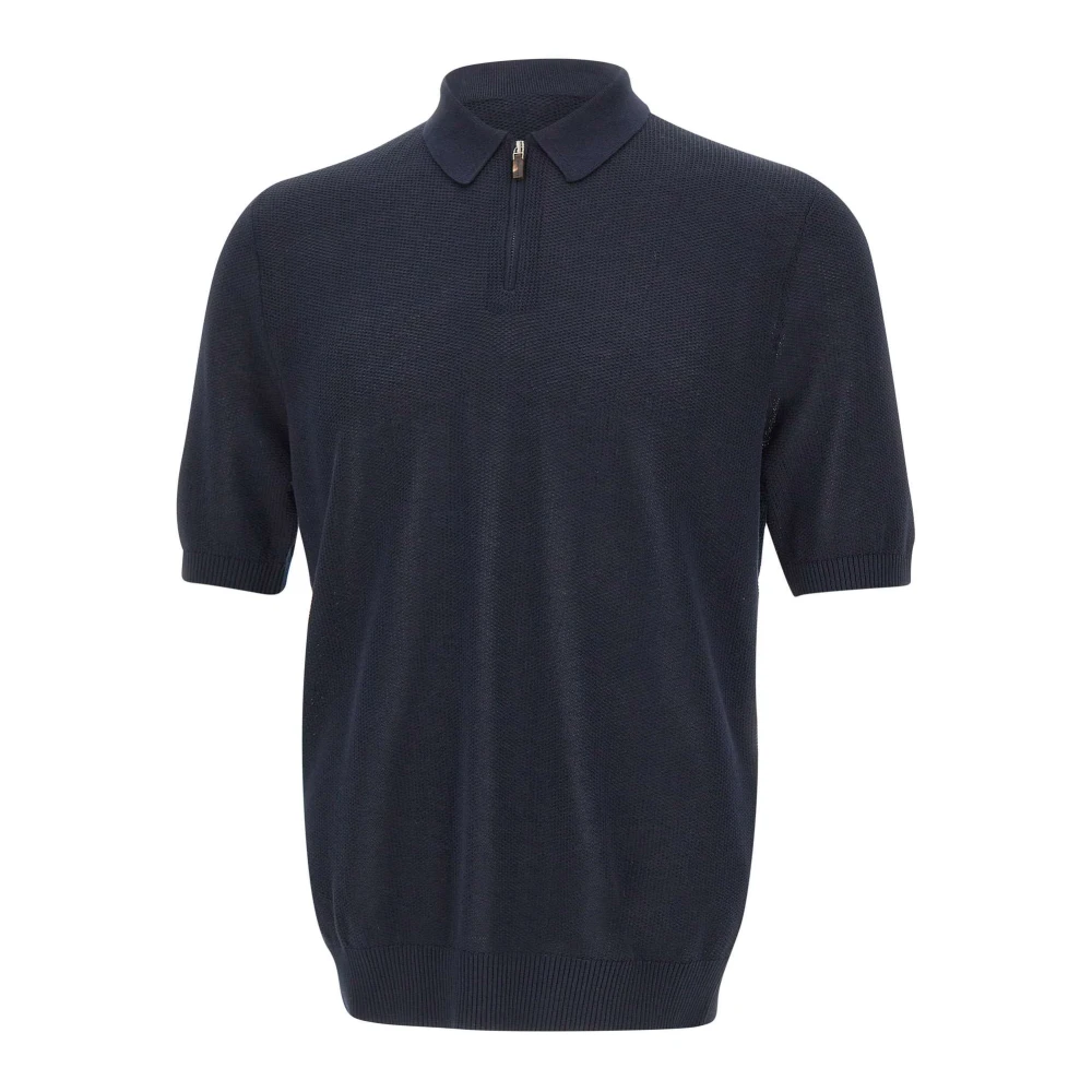 Eleventy Men's Blue Polo Shirts, M, Cotton Zip-Up Polo Shirt