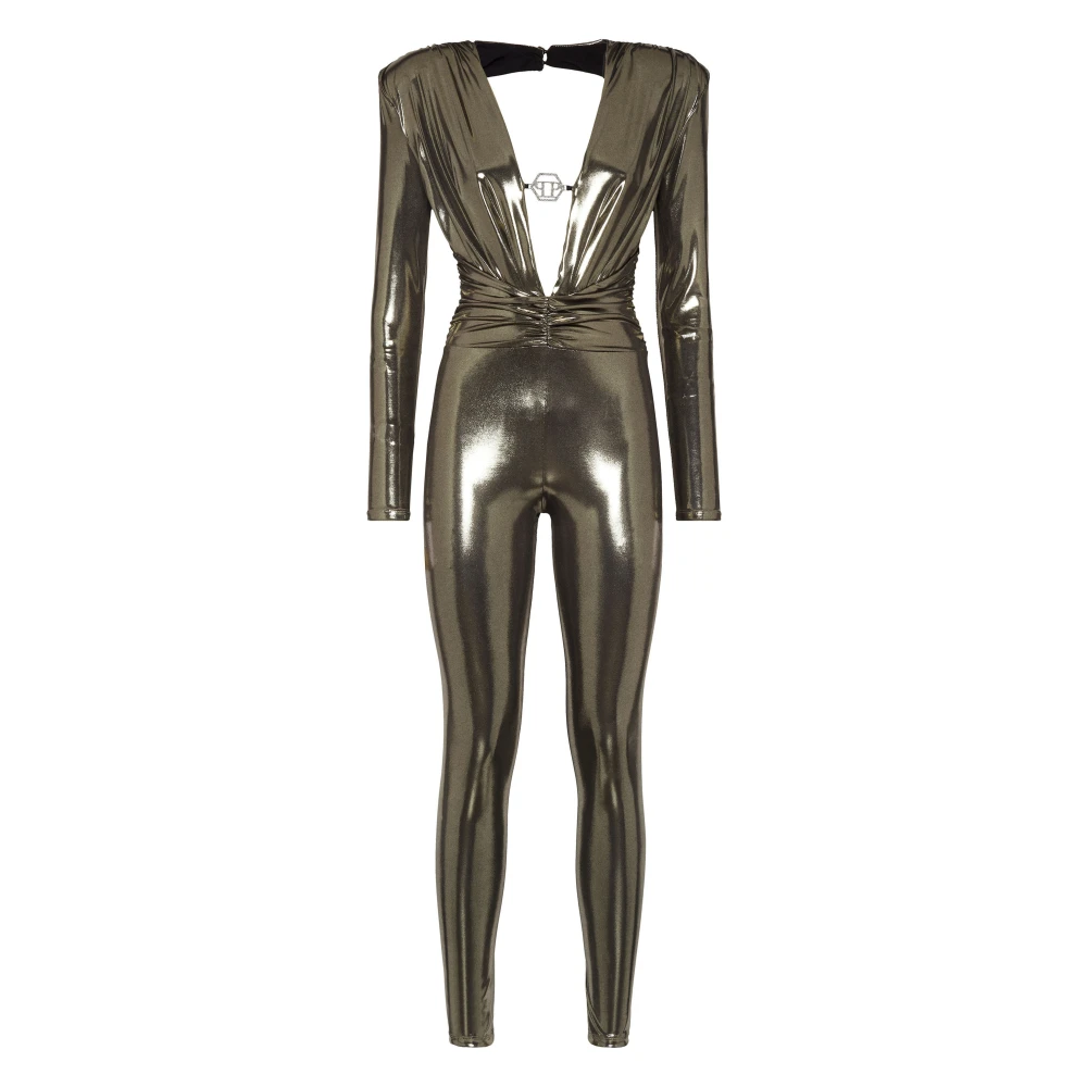 Philipp Plein Donna Giallo - Tuta Intera Lamé Con Spalline Imbottite - Jumpsuits & Playsuits - L