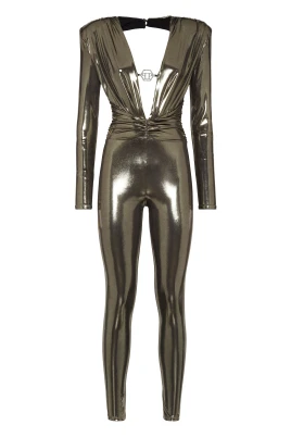 Padded Shoulder Lamé Jumpsuit