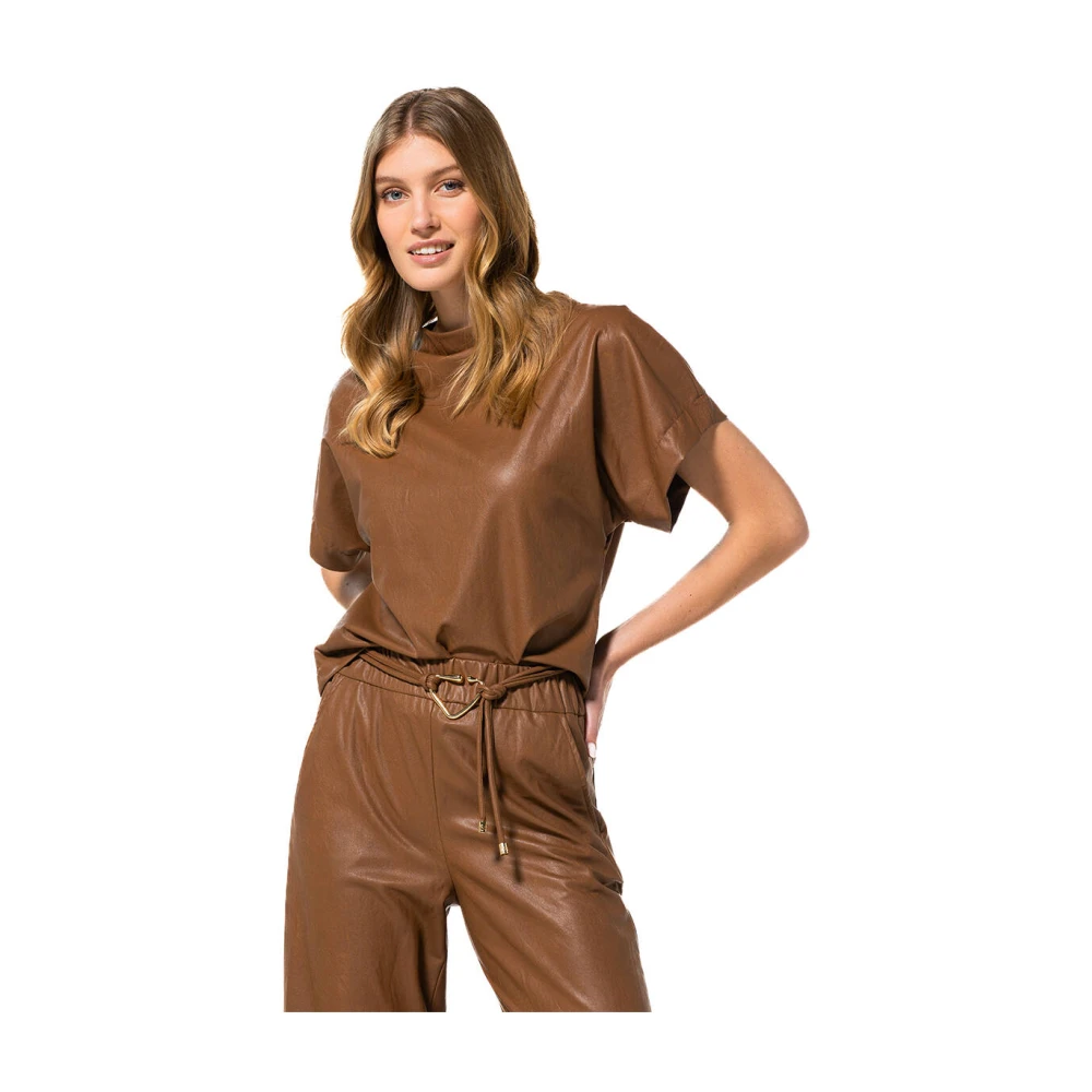 Caroline Biss Eco Lederen Korte Mouw Top Brown Dames