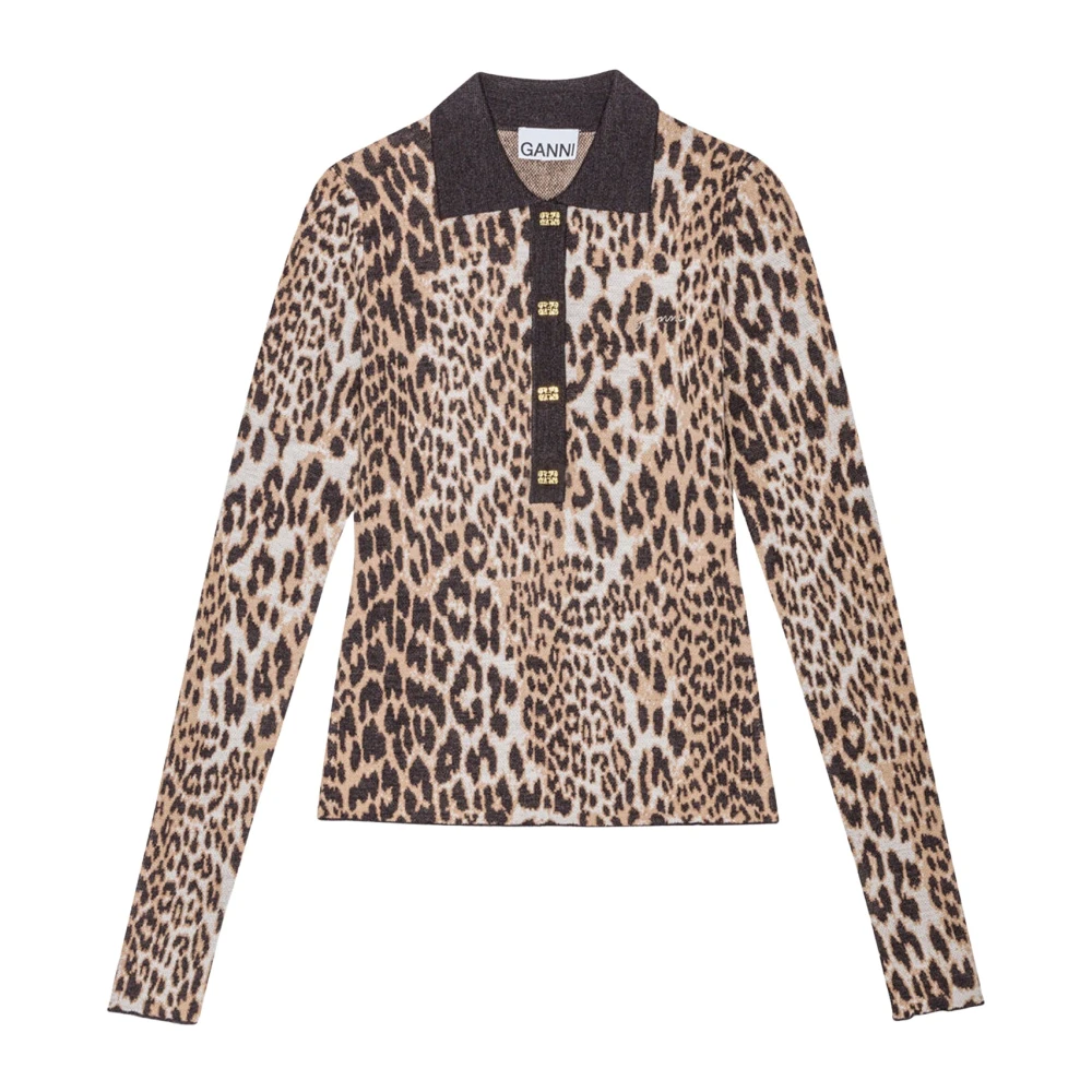 Ganni Leopard Jacquard Polo Shirt Brown Dames