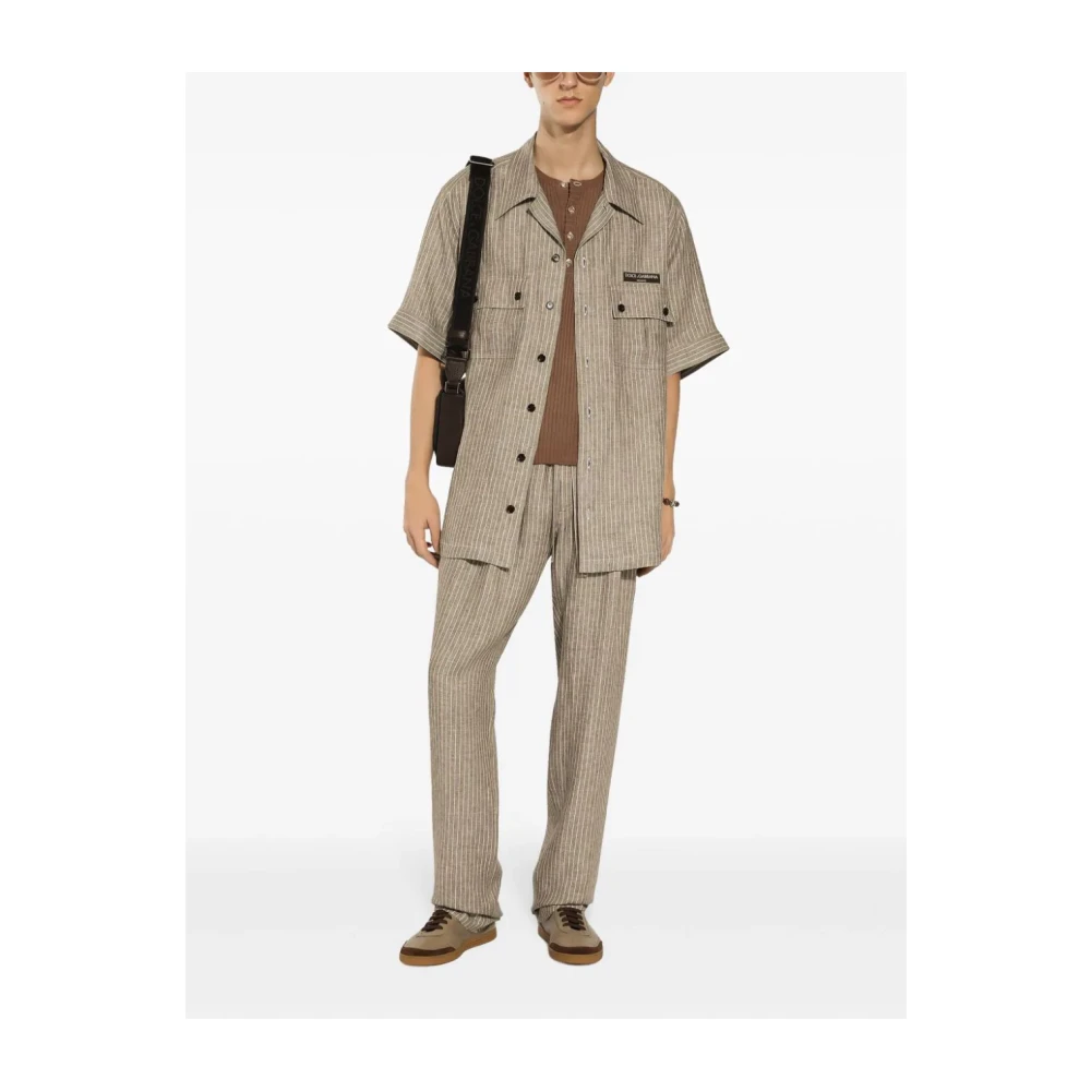 Dolce & Gabbana Gestreept Linnen Hawaii Fit Overhemd Beige Heren