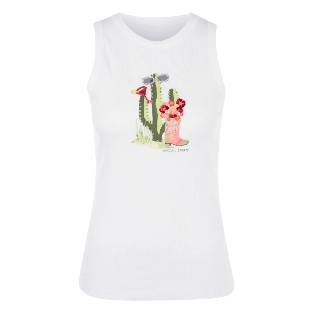 Marc Cain Women's White Sleeveless Tops, M, Ripp-Top Mit Kaktus-Print