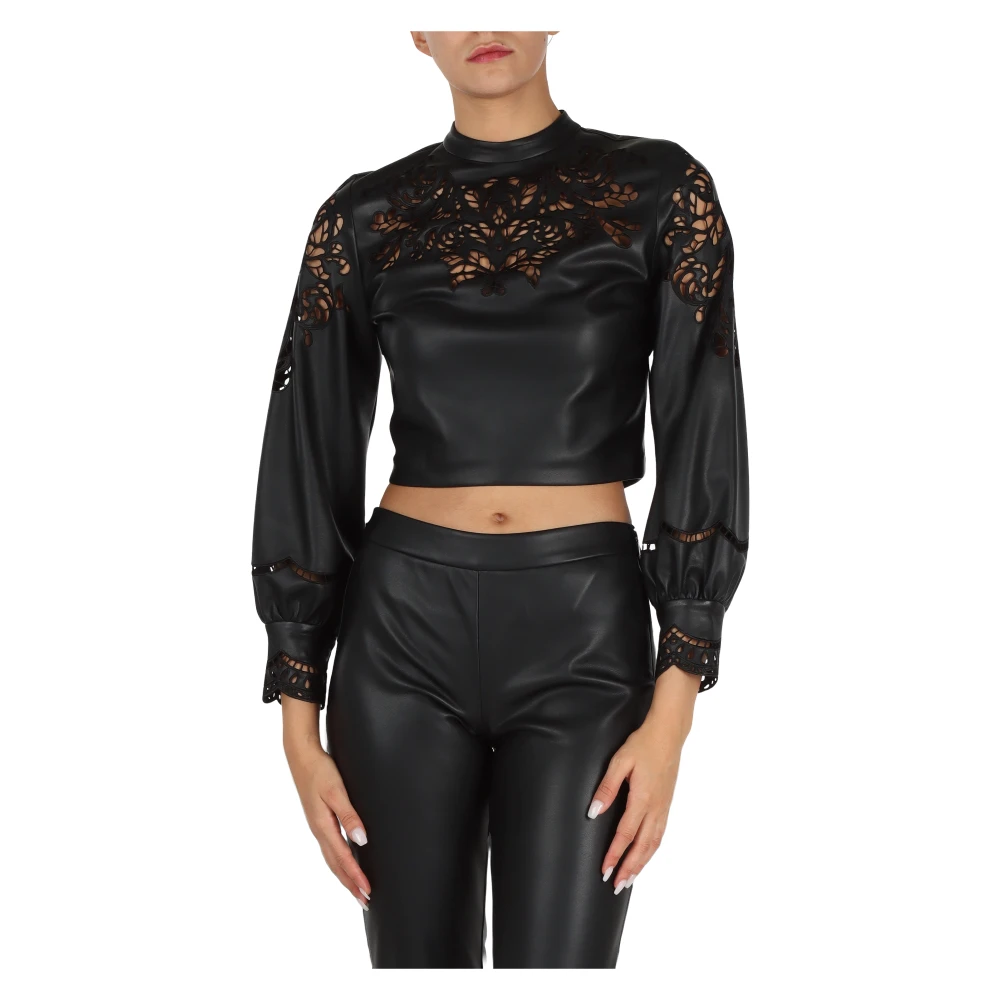 Marciano Geborduurde Crop Faux Leren Blouse Black Dames