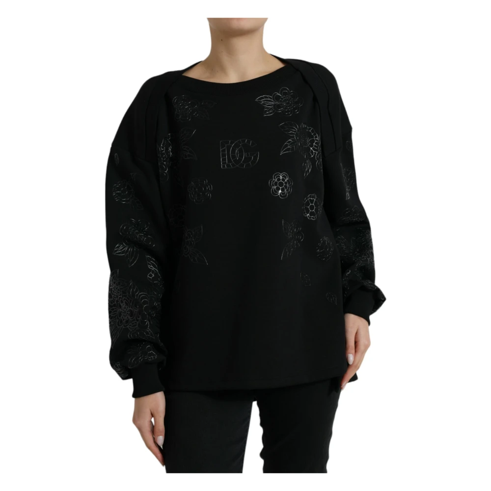 Dolce & Gabbana Women's Black Sweatshirts, S, Pullover Floral Logo Applique Jumper
