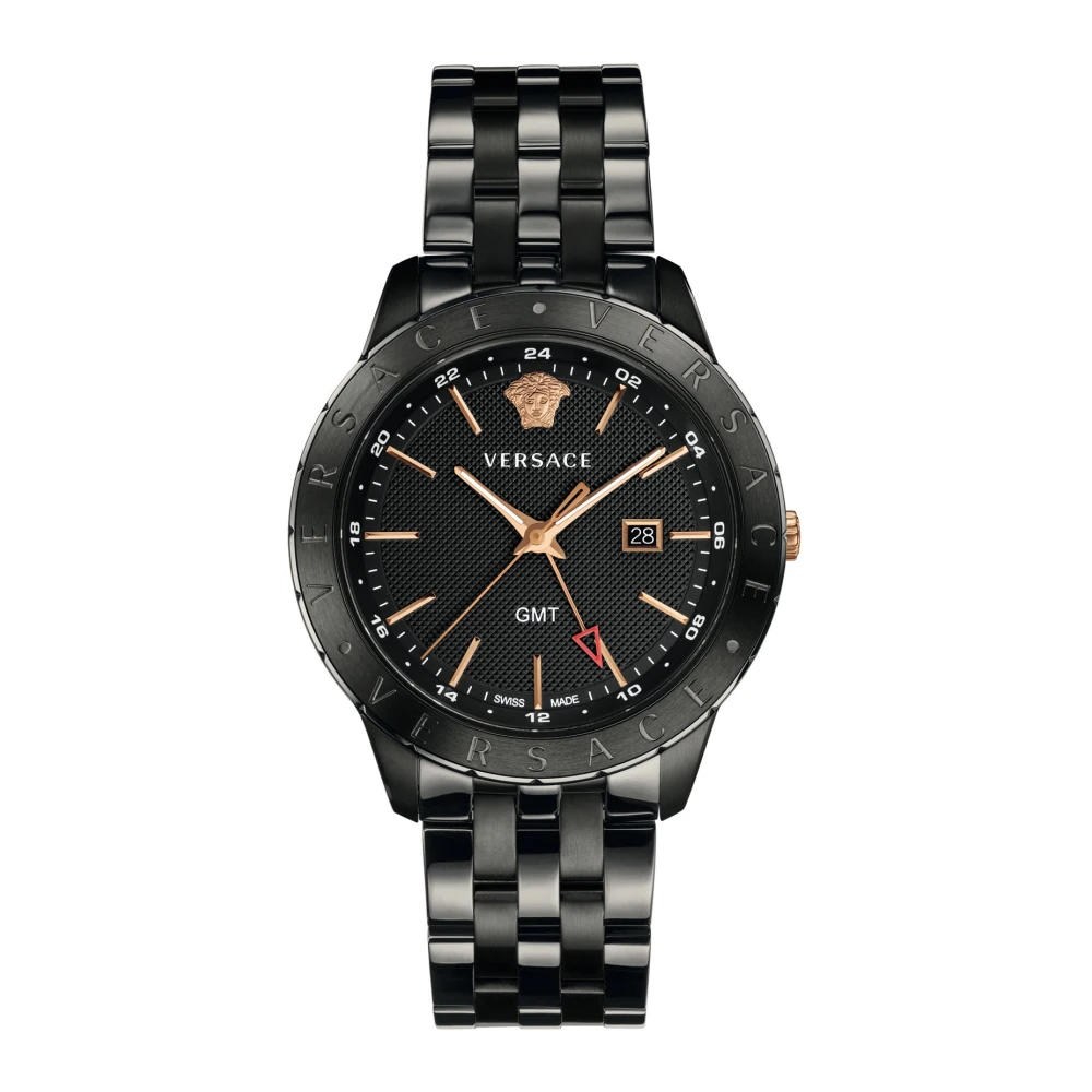 Versace Men's Black Watches, One Size, Herrenuhr Schwarz Edelstahlarmband Gmt