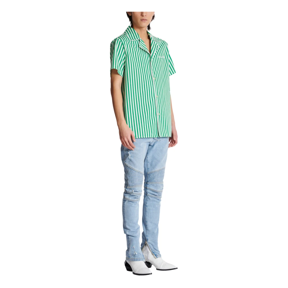 Balmain Kortemouw gestreepte katoenen pyjamashirt Green Heren