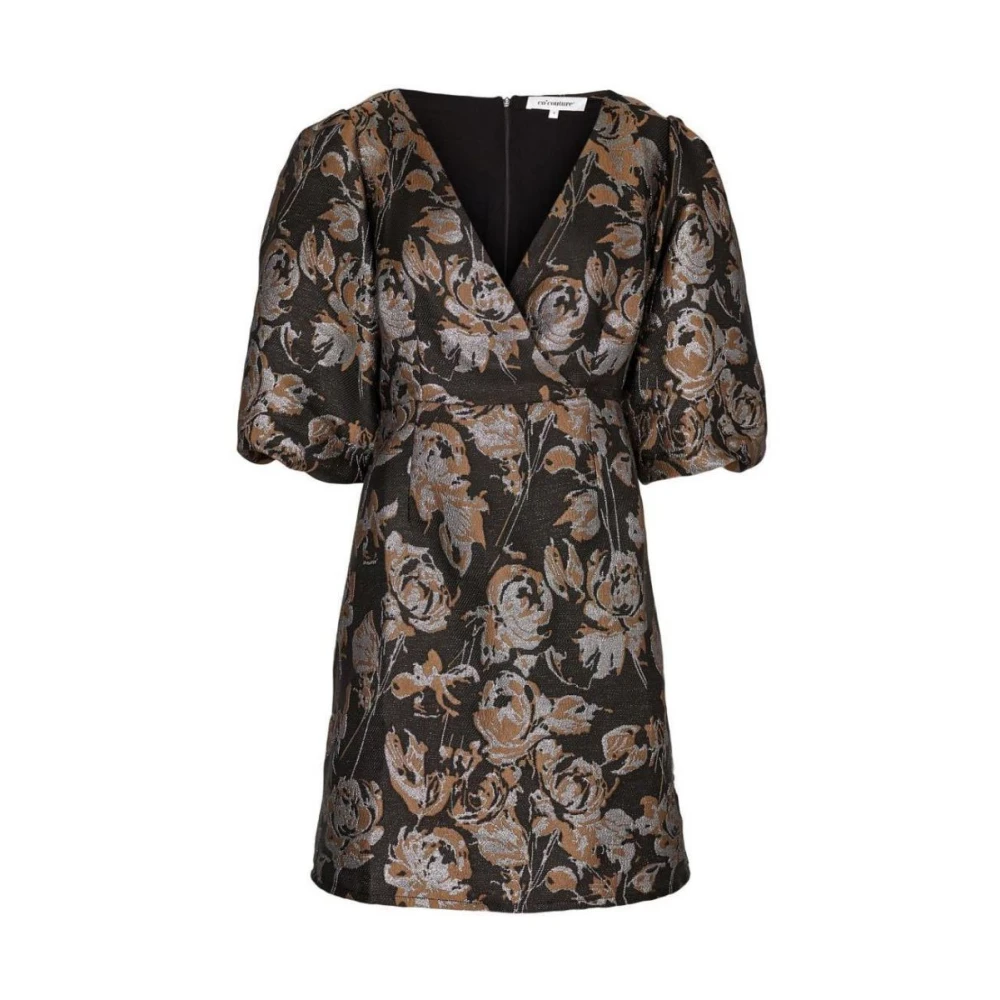 Co'Couture Stella Jacquard Jurk met Puffermouwen en V-Hals Zwart met Bruine Bloemenprint Black Dames