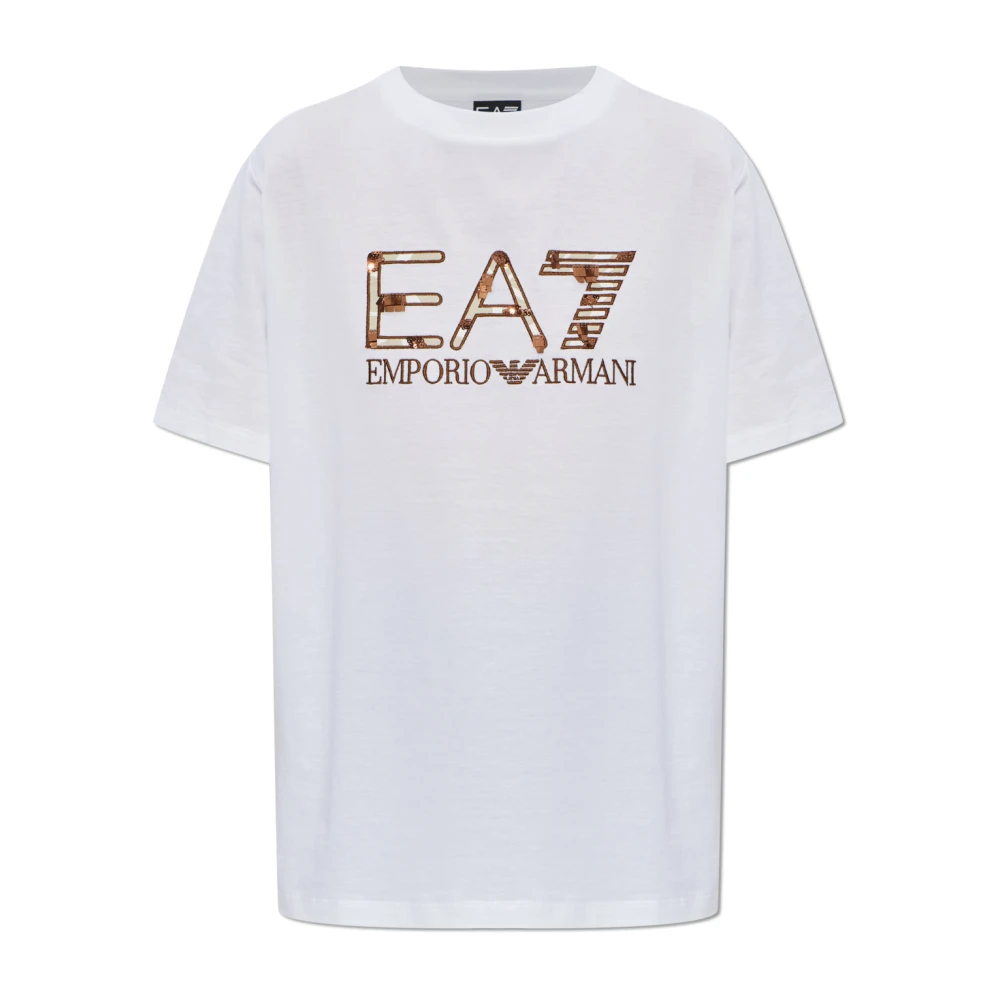 Emporio Armani Ea7 Vrouw Wit Tops Dames, L, Pailletten, T-Shirt Met Glinsterende Pailletten