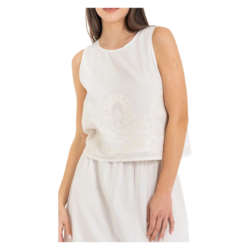 Kocca White Sleeveless Cotton Blouse With Floral Embroidery - Female - Sleeveless Tops - S - Tops