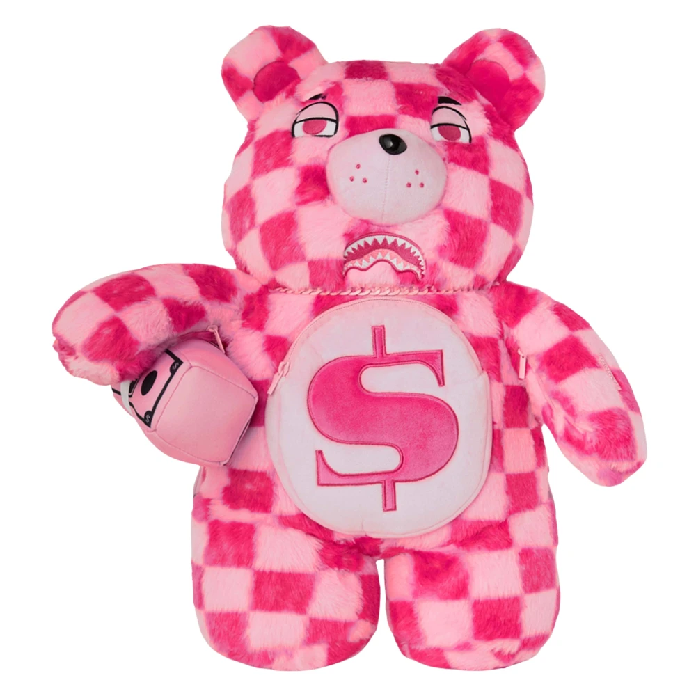 Sprayground Women's Pink Fur Check Money Bear Backpack