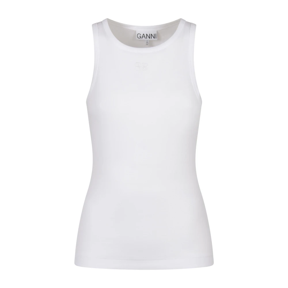 Ganni Women's White Sleeveless Tops, Xs, Soft Cotton Rib Tank Top
