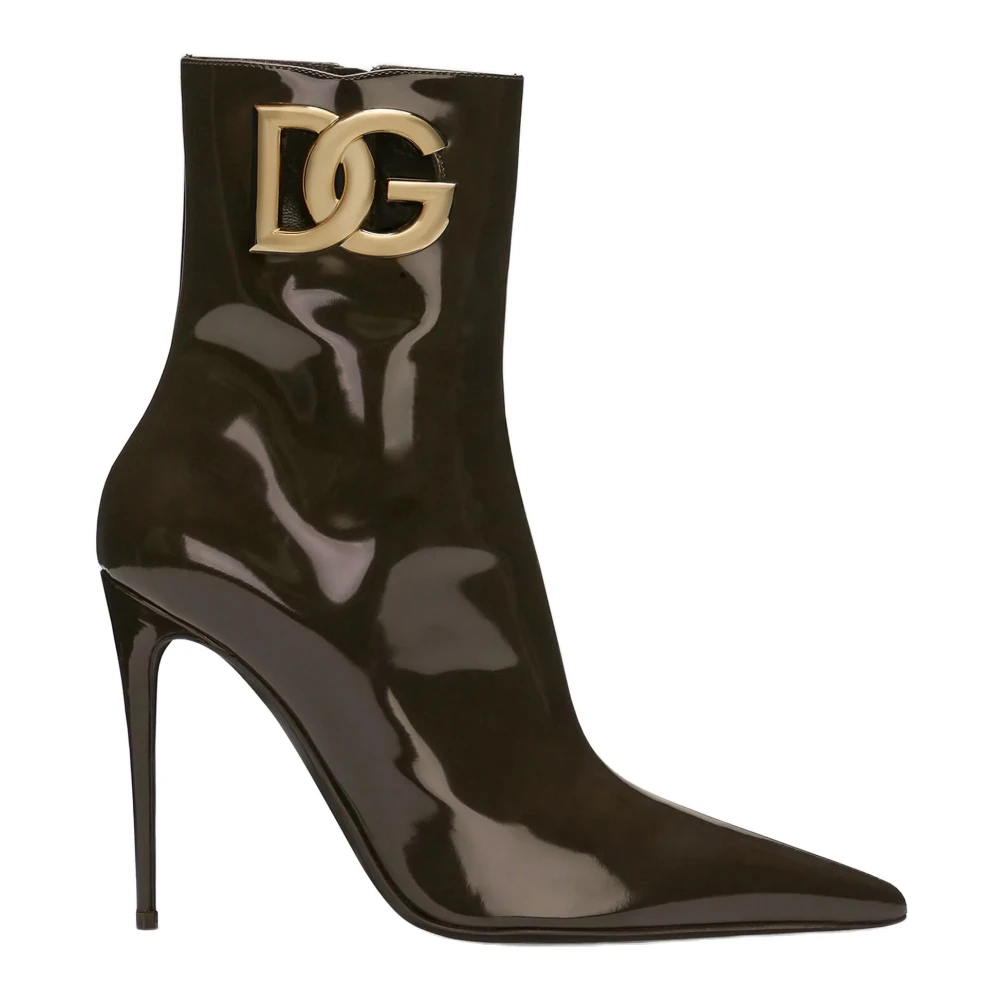Dolce & Gabbana Women's Brown Patent Leather Logo Ankle Boots