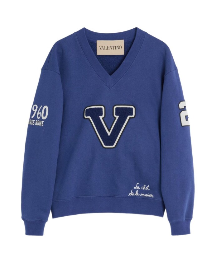 sweatshirt-bleu-brode-col-en-v