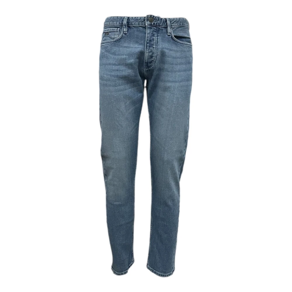 Emporio Armani Slim Fit Denim Jeans met Leren Logo Blue Heren