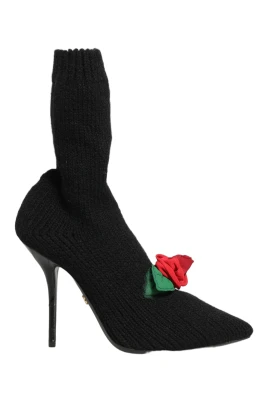 Floral-appliquéd Knitted Sock Boots