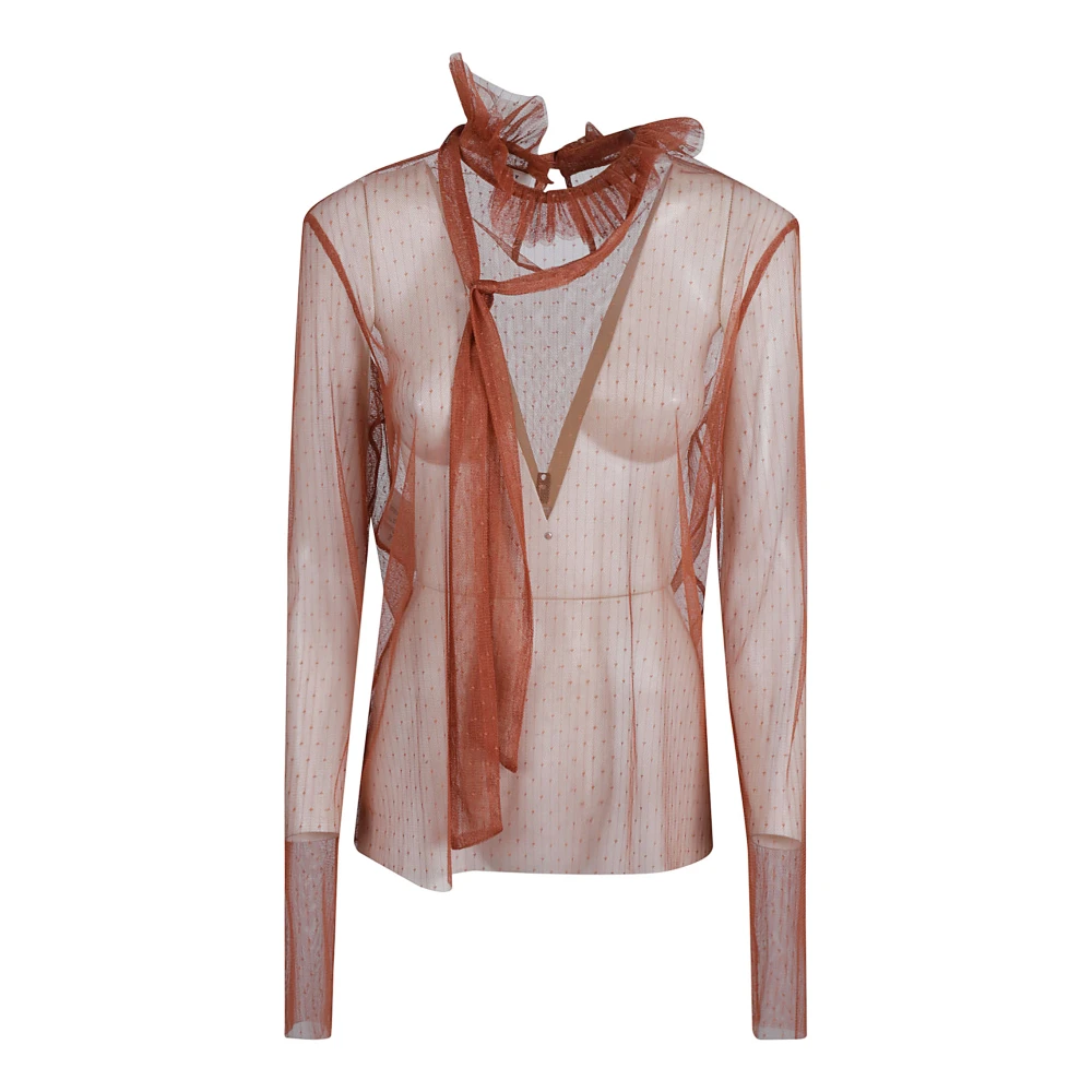 Philosophy di Lorenzo Serafini Bruine Doorschijnende Tule Ruches Kraag Blouse Brown Dames