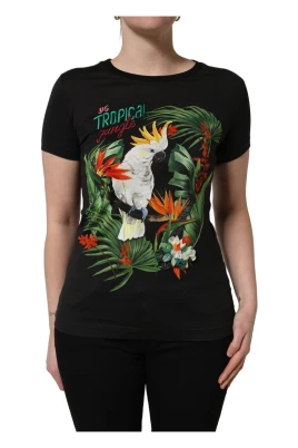 T-shirt med tropiskt tryck i bomull med rund hals