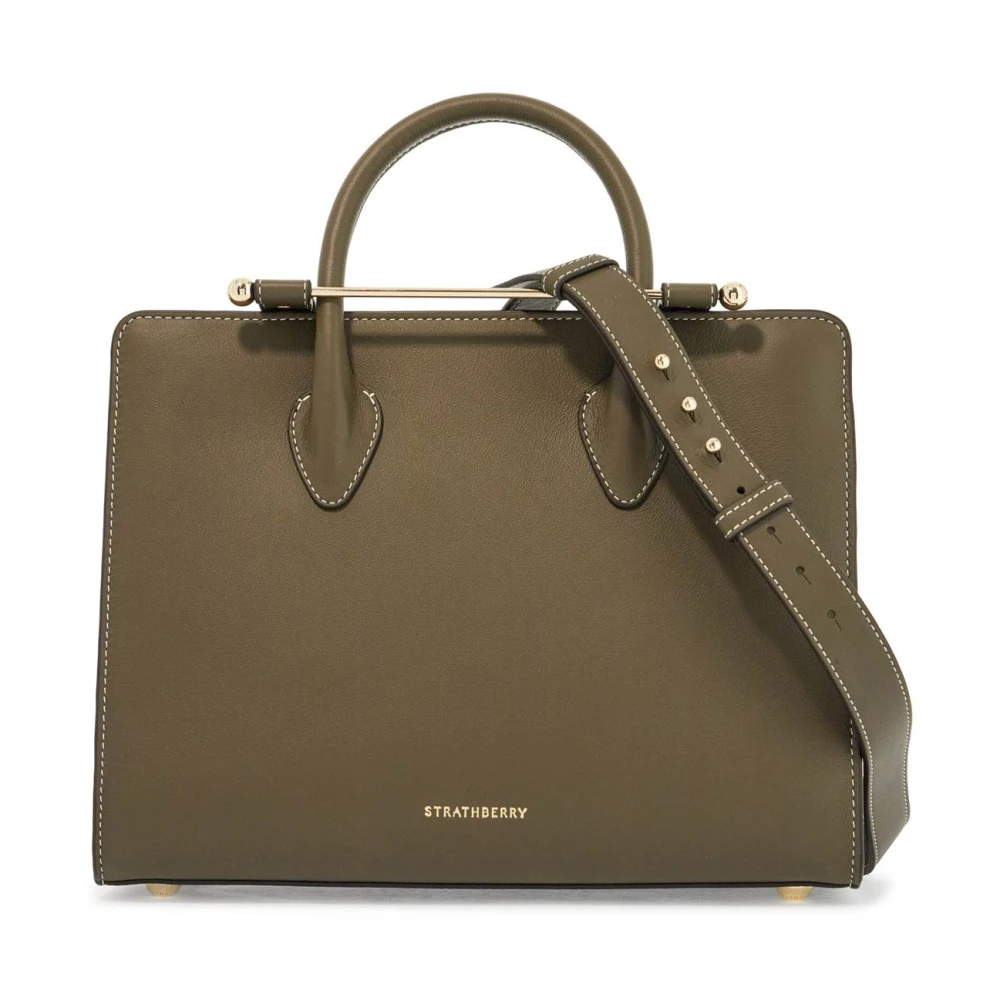 Strathberry Khaki Leren Midi Handtas met Verstelbare Schouderband Green Dames