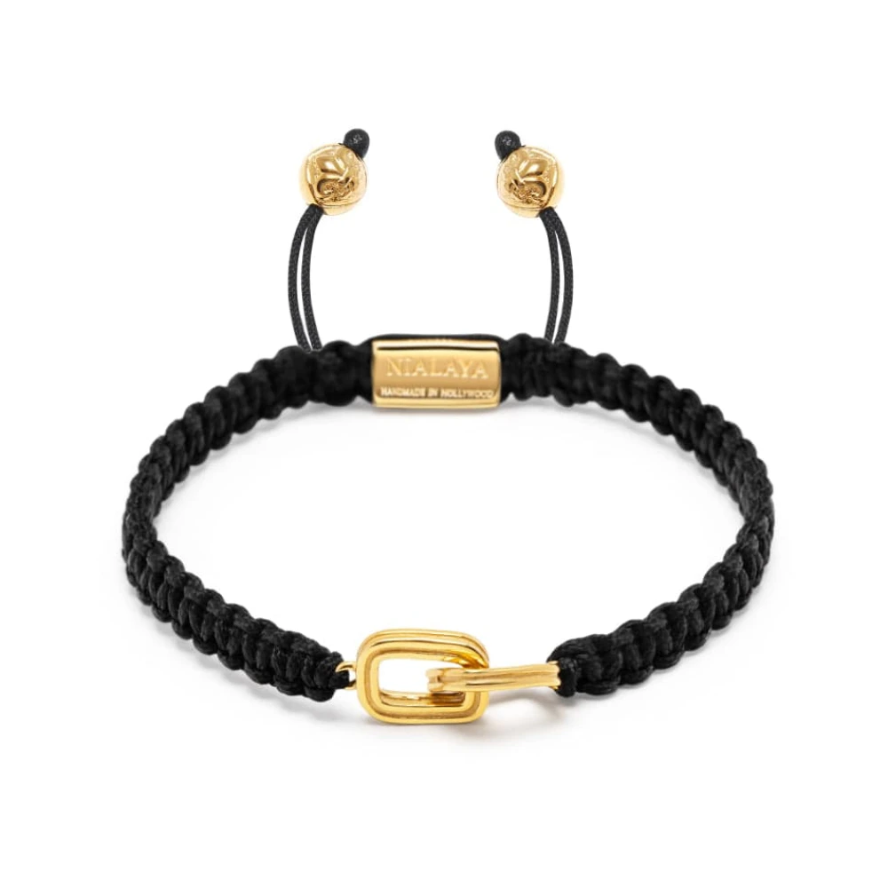 Nialaya Men's Black String Bracelet with Gold Interlocking Rings Yellow, Herr