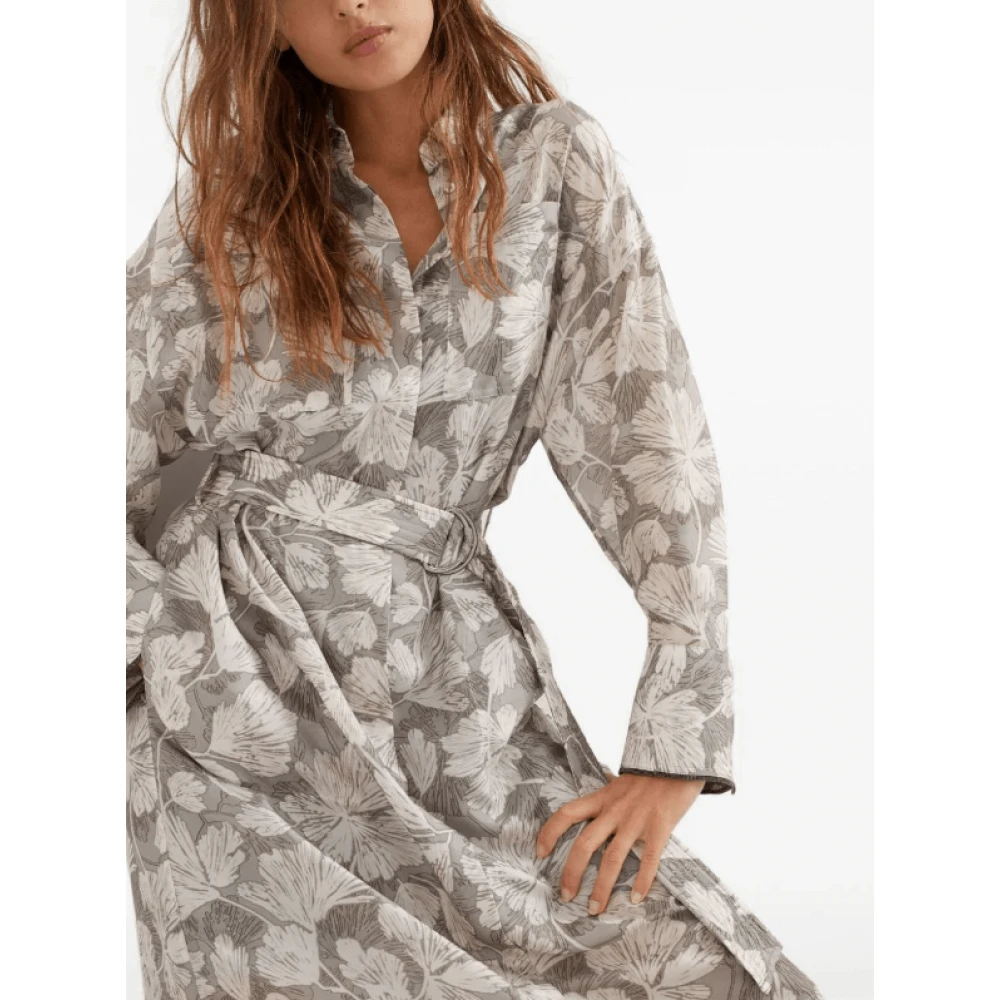 BRUNELLO CUCINELLI Midi jurk met bladprint en ceintuur Gray Dames