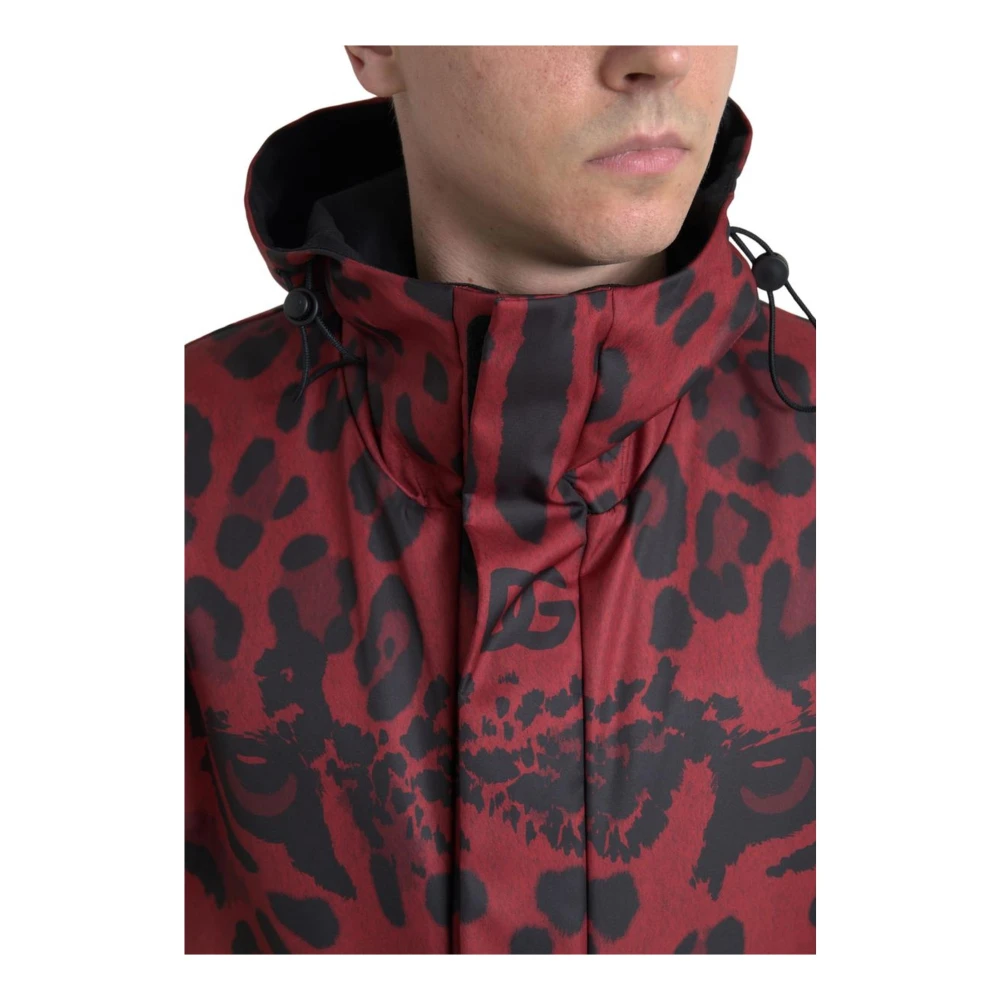 Dolce & Gabbana Rode Luipaardprint Hooded Regenjas Multicolor Heren
