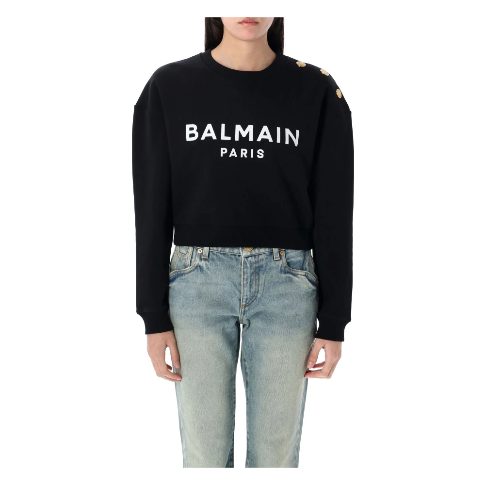 Balmain Logo Crew Neck Fleece Sweater Black Dames