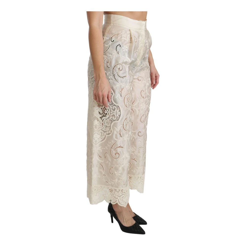 Dolce & Gabbana , Cropped Trousers, Female, Beige, Xl, Cream Lace High Waist Palazzo Cropped Trousers - Image 3