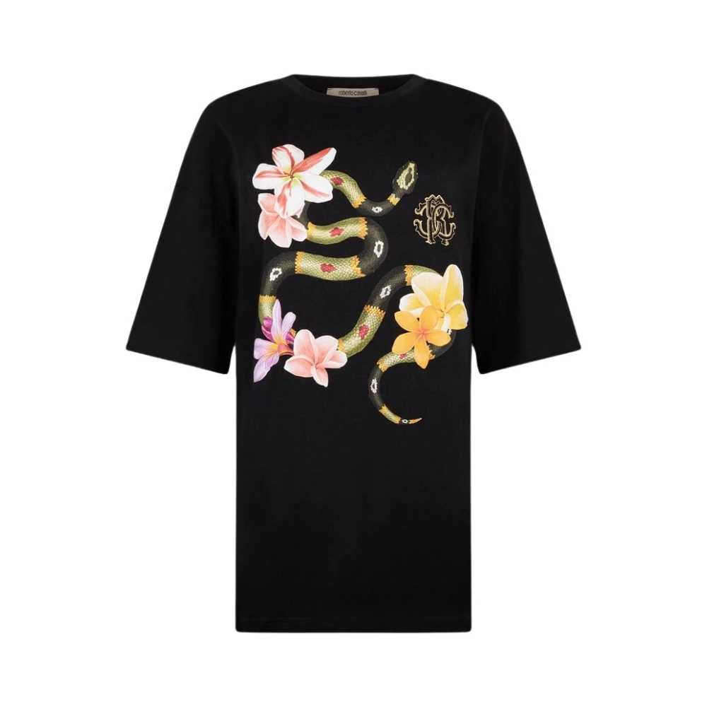 Roberto Cavalli T-shirt met slangen- en bloemenprint en ronde hals Black Dames