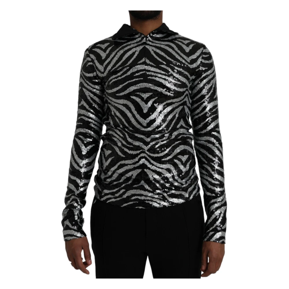 Dolce & Gabbana , Long Sleeve T-Shirts, Male, Black, M, Sequin Jumper Schwarz-Silber