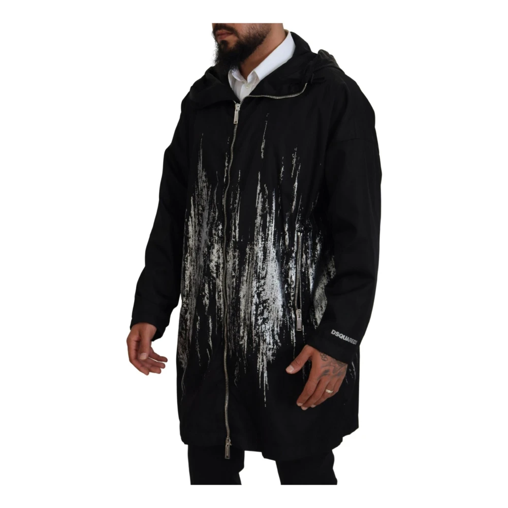 Dsquared2 Zwart Wit Print Hooded Lange Jas Black Heren