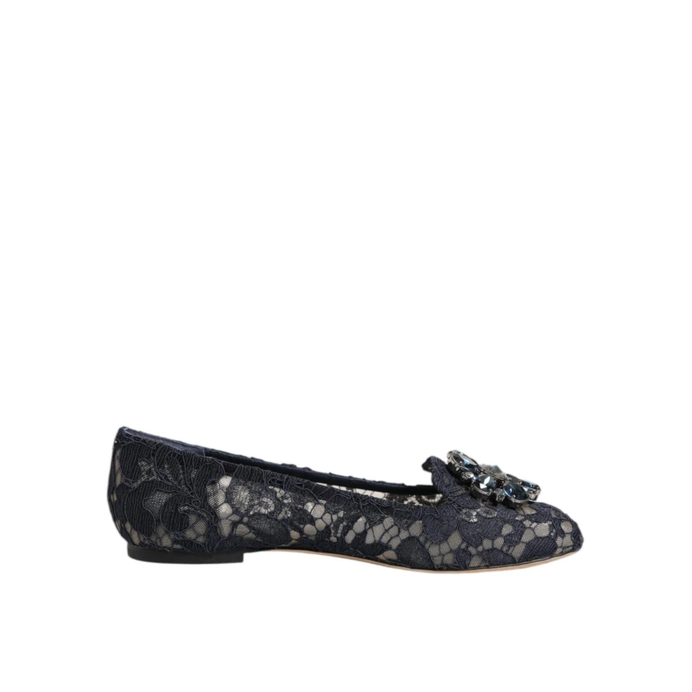 Dolce & Gabbana Women's Blue Ballerina Shoes, 3 1/2 Uk, Lace Flats With Crystal Flower Detailing
