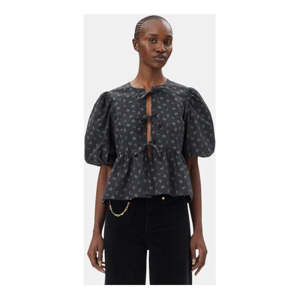 Ganni Zwart Gedrukte Peplum Blouse Black Dames