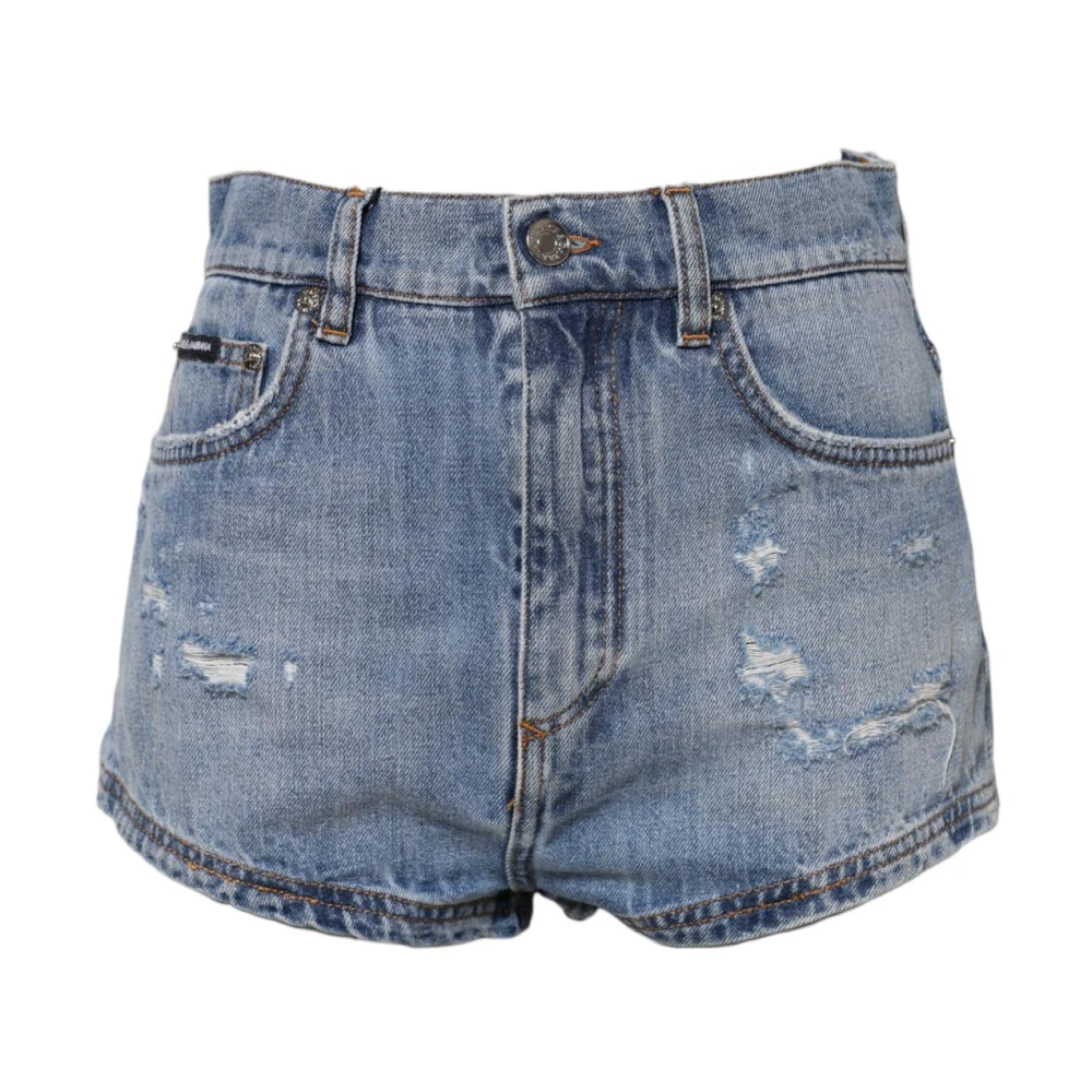 Dolce & Gabbana Blue High Waist Denim Hot Trousers With Logo Plaque - Female - Denim Shorts - Xs - Shorts