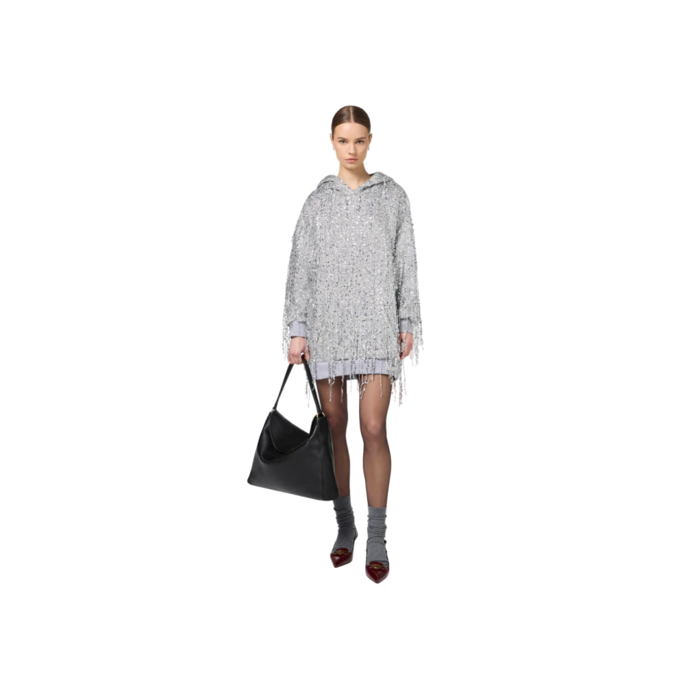 Elisabetta Franchi Geborduurde Pailletten Franje Hoodie Jurk Gray Dames