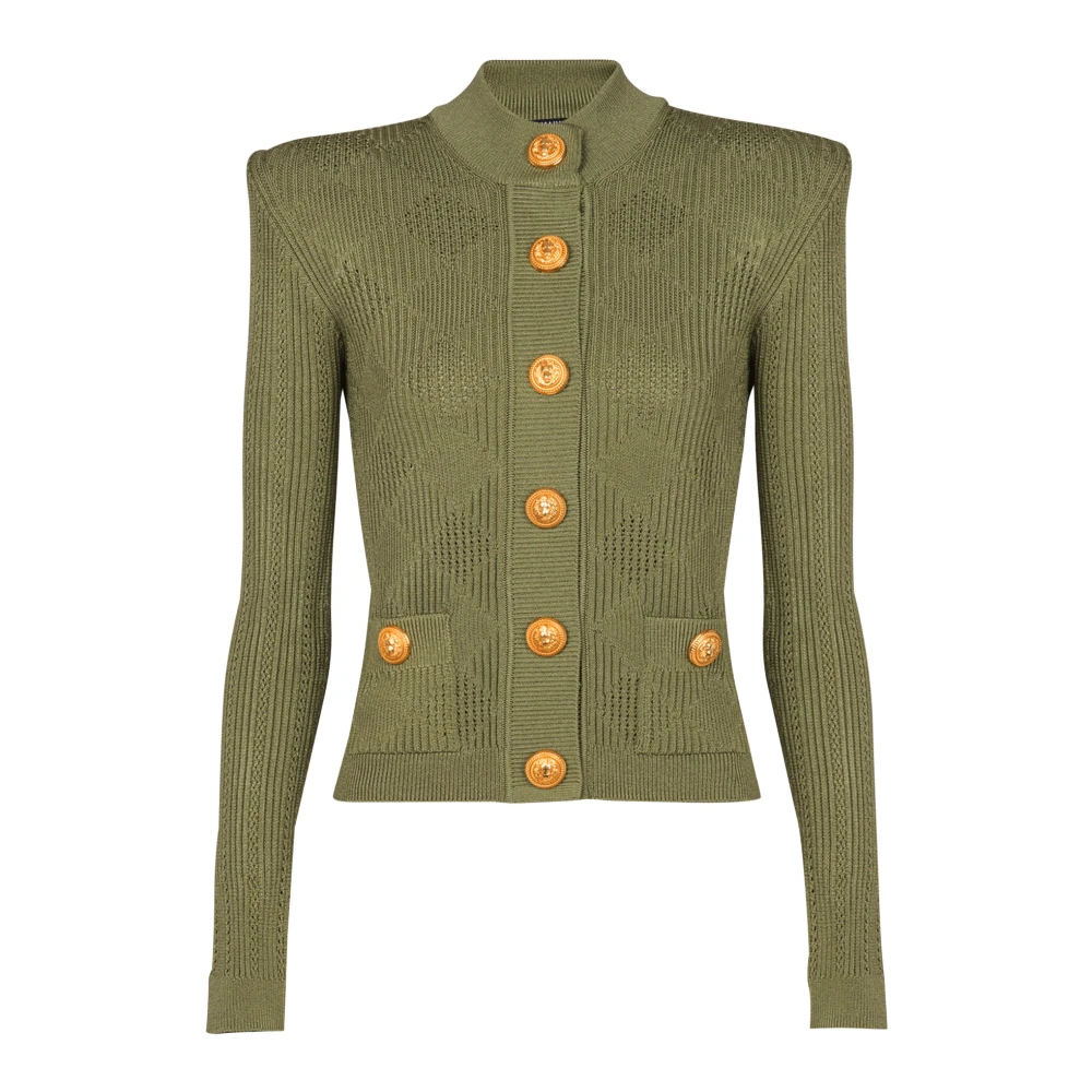 Balmain Gingham Openwork Knit Cardigan Green Dames