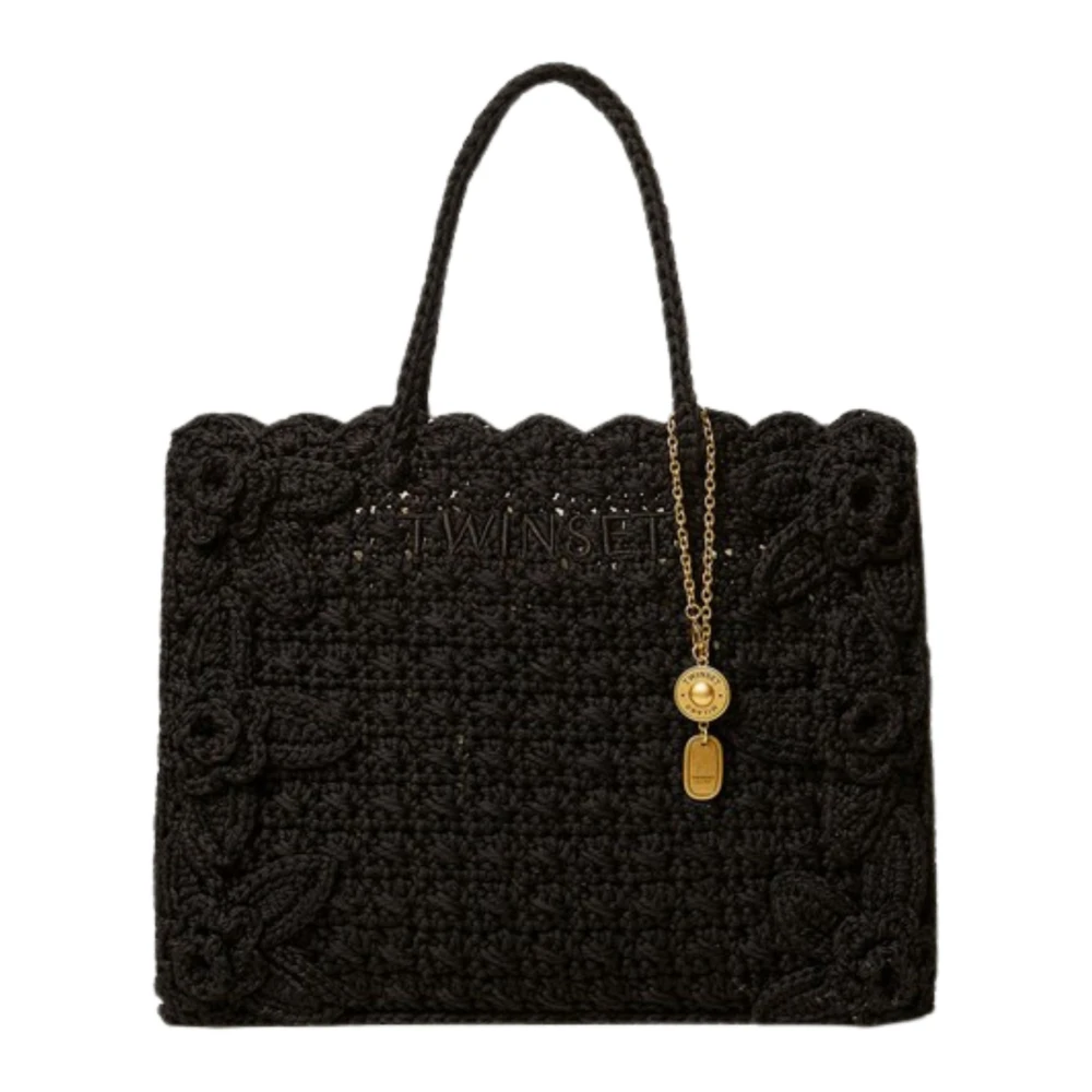 Twinset Women's Black Shopping Bags, One Size, Bohemienne Crochet Shopper