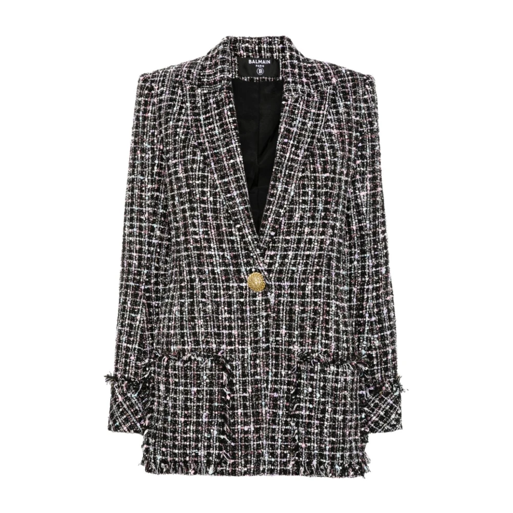 Balmain Zwarte Tweed Aansluitende Jas Black Dames