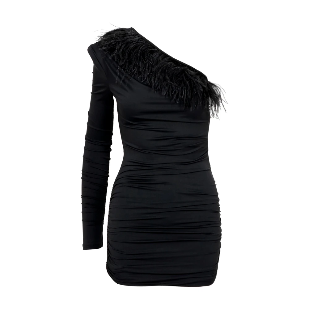 Aniye By Zwarte Asymmetrische Mouw Jurk met Veerdetail Black Dames