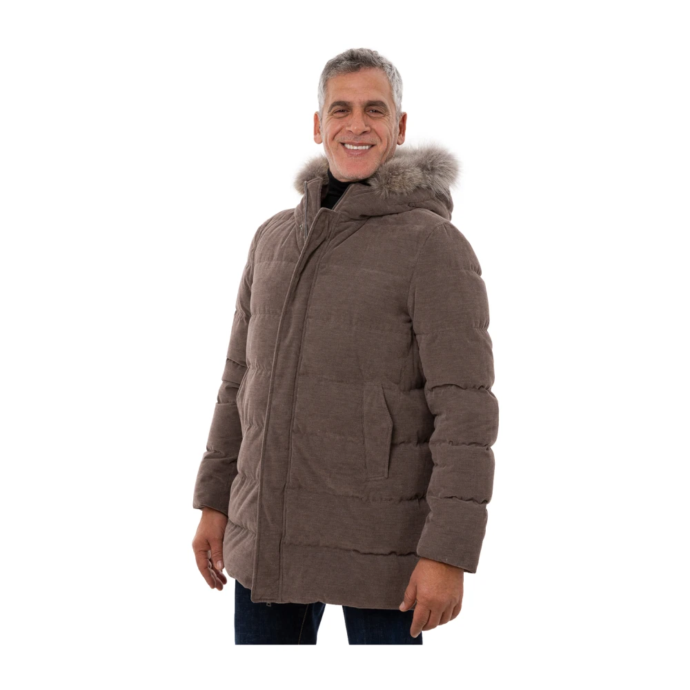Herno Lange bomberjack met afneembare bontkraag Brown Heren