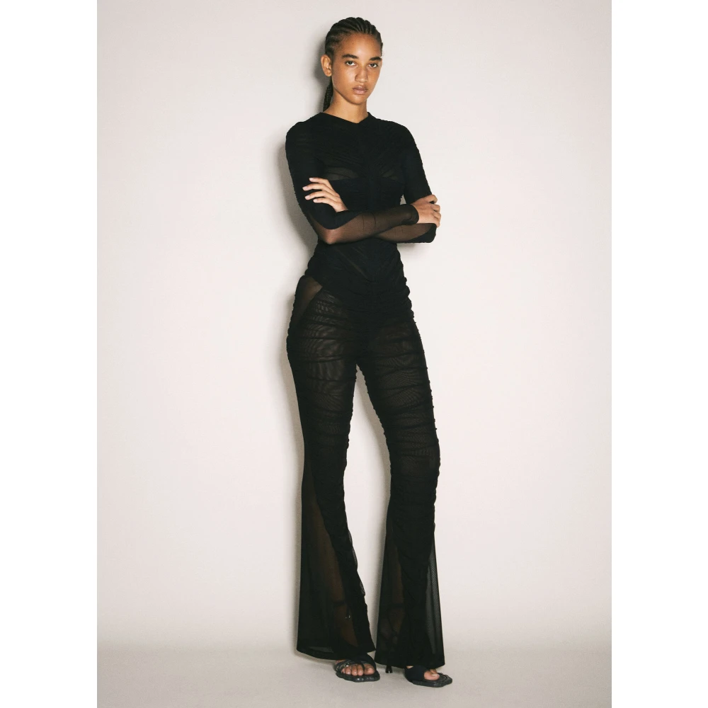 Mugler Doorschijnende Mesh Ruched Flared Broek Black Dames