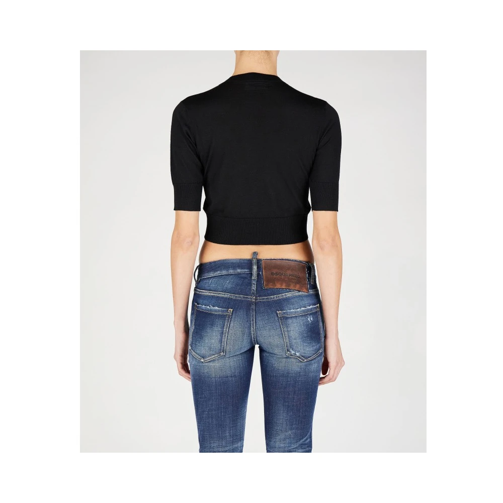 Dsquared2 Fijngebreide wollen trui ronde hals Black Dames
